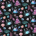 Watercolor children's seamless patterns with underwater creatures: crab, starfish, jellyfish, seaweed, corals, shells